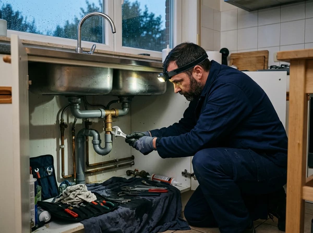 Technieker herstelt een lekkende leiding onder een lavabo
