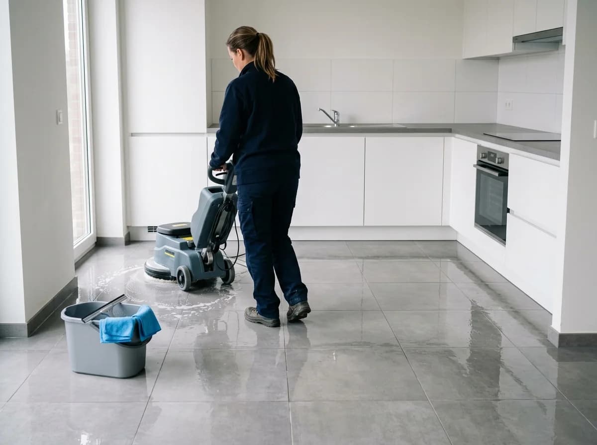Medewerker reinigt de tegelvloer van een lege keuken met een schrobmachine