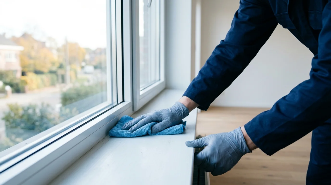 Medewerker reinigt een vensterbank met een microvezeldoek